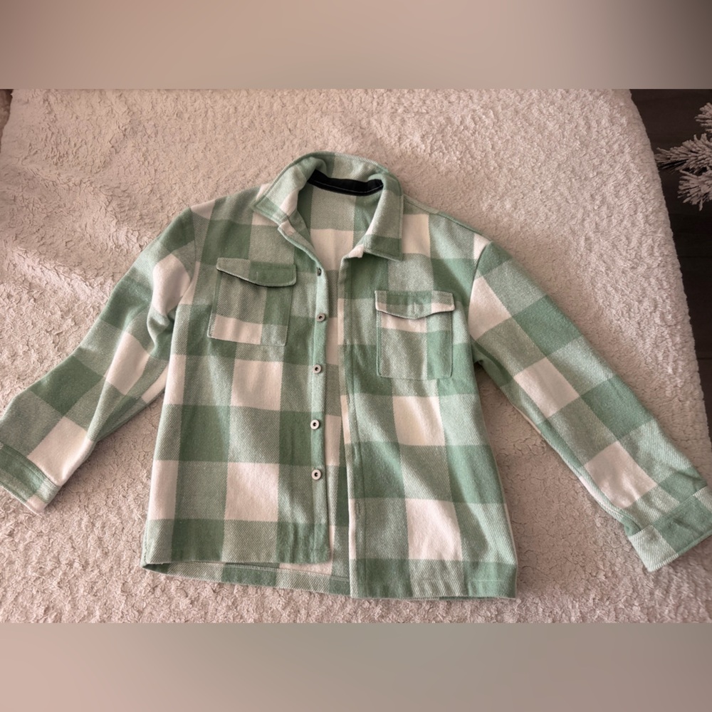 Green and White Plaid Button-Up Shirt
